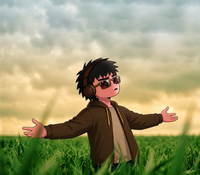 An anime-style boy wearing headphones and sunglasses stands with outstretched arms in a lush green field under a golden, cloudy sky, perfectly capturing the uplifting "TGIF" vibe of welcoming the Friday morning with open arms.