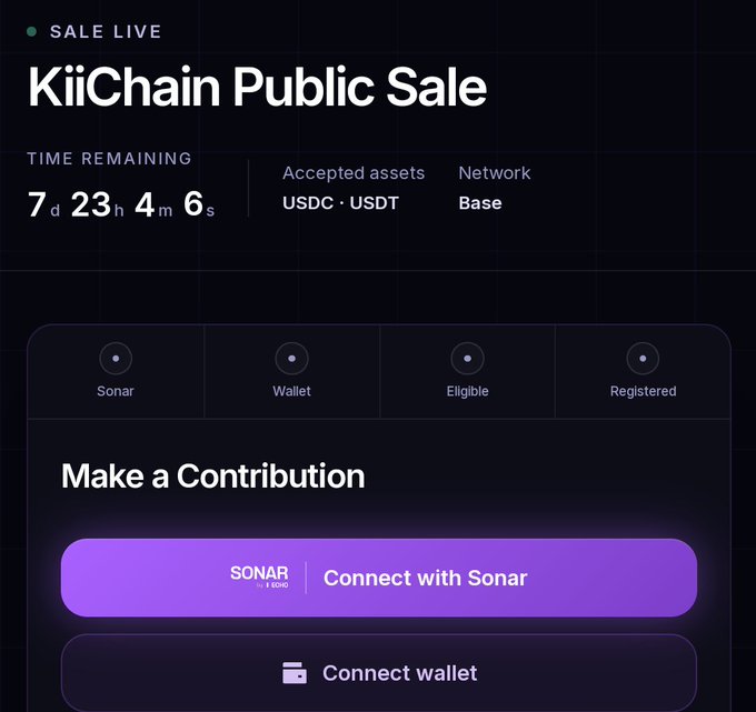 A webpage interface for the KiiChain Public Sale on the Base network, accepting USDC and USDT, with buttons to 'Connect with Sonar' and 'Connect wallet' and approximately 7 days remaining.