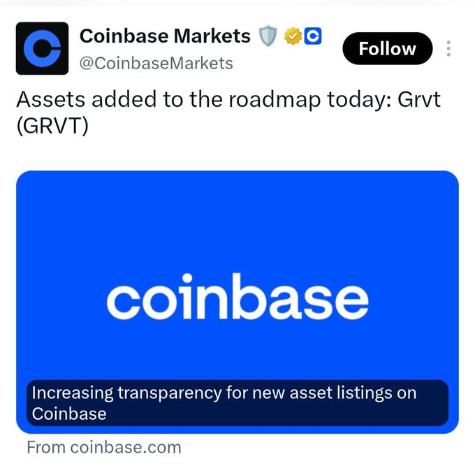 A tweet from Coinbase Markets (@CoinbaseMarkets) announcing that Grvt (GRVT) has been added to the asset roadmap, featuring the blue Coinbase logo.