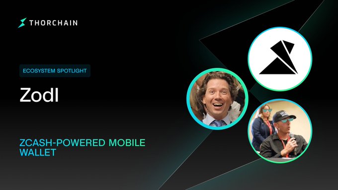 Promotional graphic for the THORChain Podcast’s “Ecosystem Spotlight” featuring Zodl, labeled “Zcash-Powered Mobile Wallet.” It shows the Zodl logo alongside photos of Kenton C. and Patriotsounds, announcing their live discussion about privacy-focused wallets and ZEC.