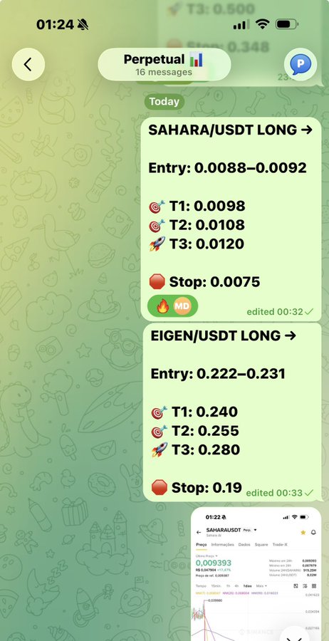 A Telegram chat screenshot showing cryptocurrency trading signals for SAHARA/USDT and EIGEN/USDT long positions with entry prices, targets, and stop losses.