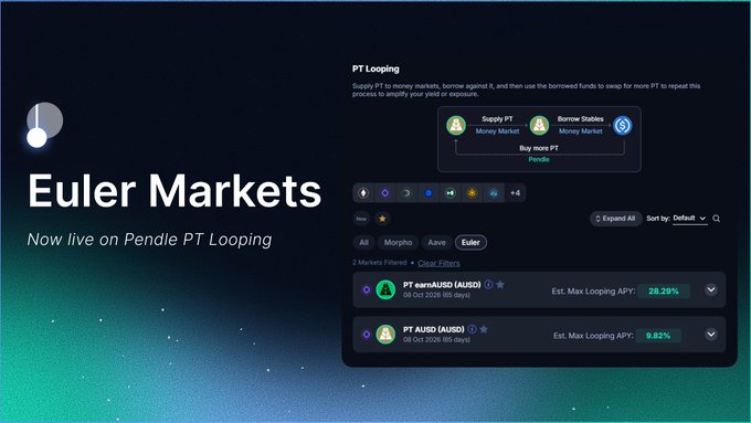 A promotional graphic announcing "Euler Markets Now live on Pendle PT Looping," featuring a diagram that explains the looping process (supplying PT, borrowing stables, buying more PT) and a market list showing PT eUSD (AUSDe) with an estimated max looping APY of 28.29% and PT AUSDe (AUSDe) at 9.82%.