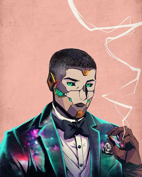 A stylized illustration of a cyborg man in a tuxedo smoking a cigarette, set against a pink background.