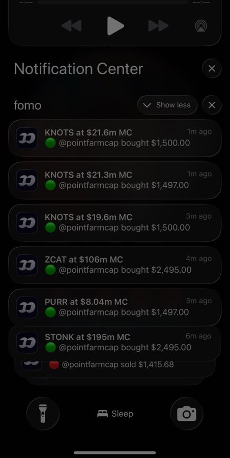 A smartphone screenshot of an iOS Notification Center showing multiple alerts from the 'fomo' app, displaying crypto token trades (KNOTS, ZCAT, PURR, $TONK) with green indicators for buys and a red indicator for a sell by user @pointfarmcap.