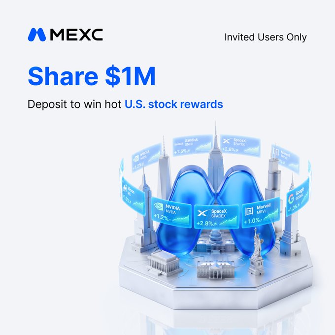The image features a poster promoting the exchange of shares for stock rewards. The title of the poster reads "MEXC Share $1,000,000 w nagrodach czeca na użytkowników MEXC!" and emphasizes that users can only participate in this offer if they are a part of an account with a minimum balance. On the poster, there is a drawing of buildings and landmarks around the world such as the Eiffel Tower, Statue of Liberty, and the Golden Gate Bridge. The text on the poster also explains that users can win $1,000,000 in U.S. stock rewards by depositing their money into this account.