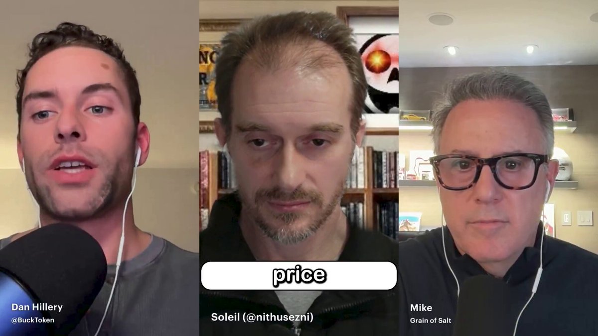 The image shows three men wearing headphones, with a microphone in front of them. They are all looking at the camera while talking into their microphones. The caption below the image reads "Biggest retards of bitcoin", which seems unrelated to the main focus on the three men and their conversation.