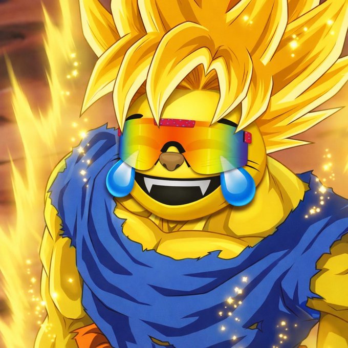 A colorful anime-style illustration of a yellow, spiky-haired character wearing rainbow sunglasses, smiling with tears, and surrounded by a golden aura.