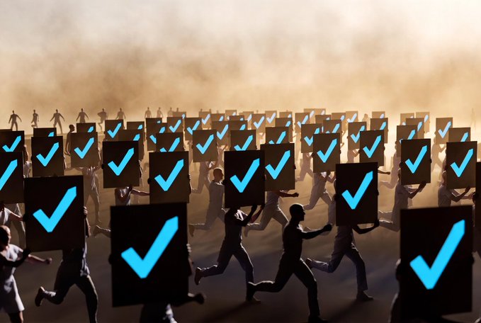 Silhouetted figures running while carrying dark shields illuminated with bright blue checkmarks against a dusty, hazy background.