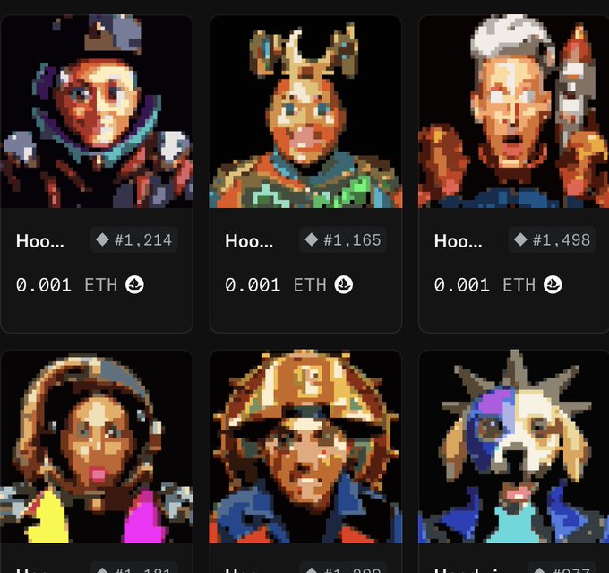 A grid of pixel art character NFTs from a collection, each with names beginning "Hoo..." and listed prices of 0.001 ETH along with token IDs (e.g., #1,214, #1,165, #1,498, #1,101, #277). The image showcases the diverse onchain pixel art characters referenced in the post, which mentions needing 10 NFTs to burn for customizability.