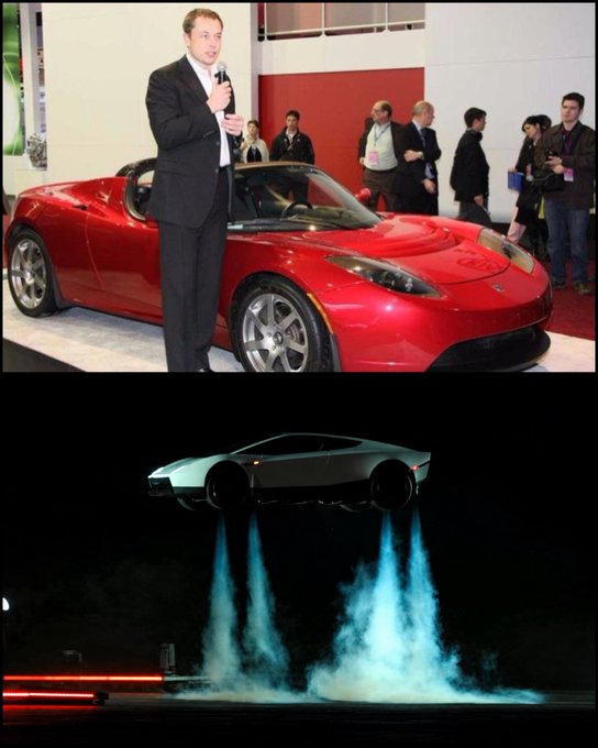 The top image shows Elon Musk presenting an early red Tesla Roadster at an auto show, while the bottom image showcases a Tesla Roadster prototype dramatically hovering with rocket propulsion in a staged presentation. The side-by-side comparison humorously illustrates Tesla's evolution from a small startup unveiling its first sports car to a futuristic company demonstrating advanced rocket-powered technology.