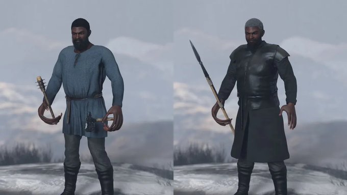 The image shows two 3D-rendered medieval fantasy character models (likely from Skyrim), one in a blue tunic and another in dark armor, both holding weapons against a snowy mountain backdrop. The caption playfully suggests Apple hired the "Game of Thrones NFT guy" (likely referring to the modder/artist known for creating such assets) to design models for the rumored "iPhone Duo."