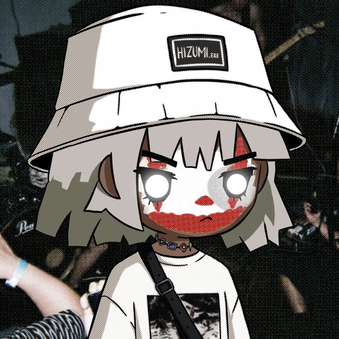 An anime-style character with a white bob haircut and glowing white eyes wears a bucket hat reading "HIZUMI.EXE" along with red face paint/markings and a choker, set against a dark background—visually matching the post's announcement that "zumi" is "back in the kitchen" and being hyped for a comeback.