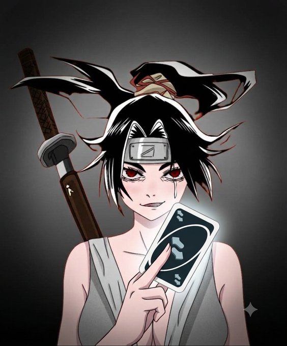 An anime-style illustration of a character with spiky black hair, red eyes, and a ninja headband, holding a katana sword and playing cards, featuring a tear rolling down their cheek.