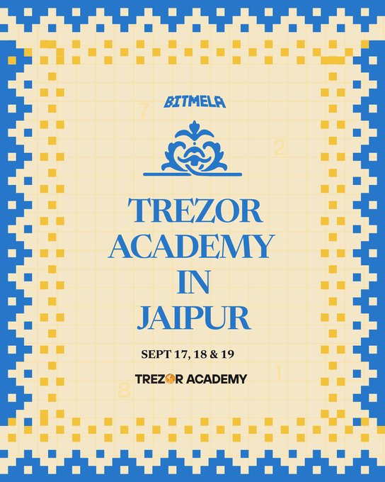 A promotional poster for 'TREZOR ACADEMY IN JAIPUR' on September 17, 18 & 19, featuring the Bitmela logo and a blue and yellow pixelated border.