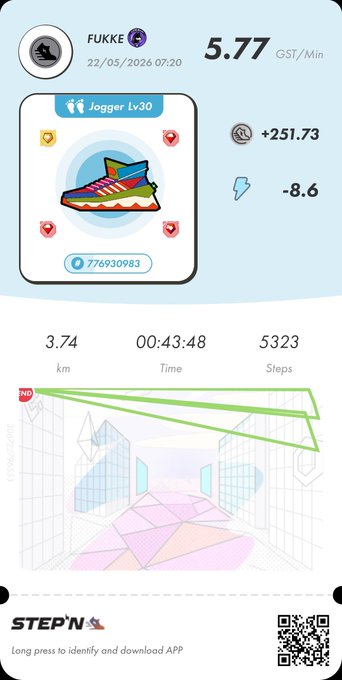 iphone screen displaying a fitness app with a pink and purple shoe, green and white lines, and a map of a city skyline.