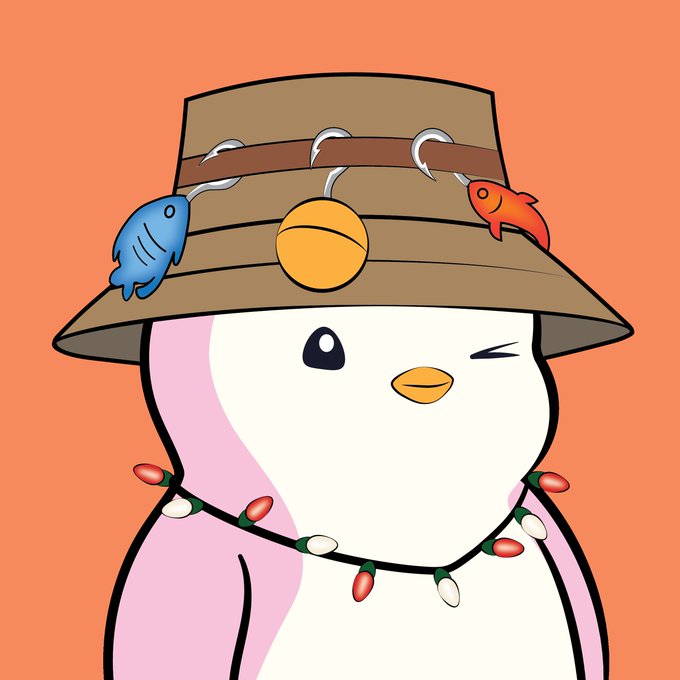 A cartoon illustration shows a pink and white penguin winking, wearing a brown fishing hat adorned with fish hooks and small fish, and a string of Christmas lights around its neck.