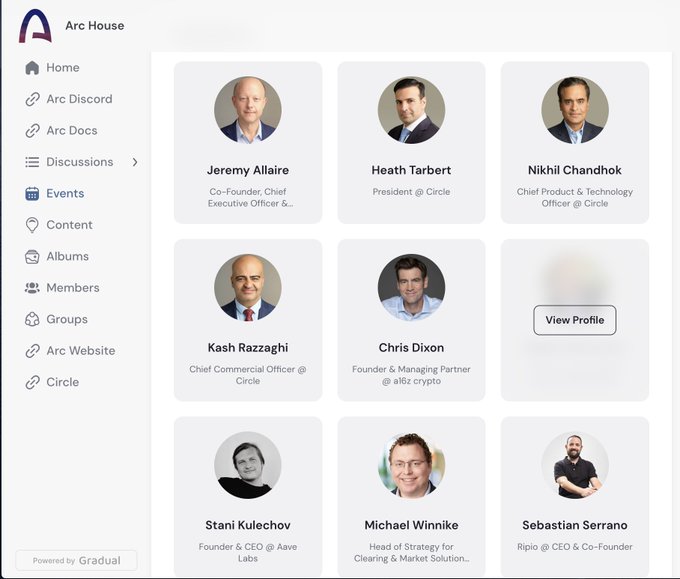 Screenshot of an 'Arc House' community page displaying member profiles including Jeremy Allaire, Heath Tarbert, Nikhil Chandhok, Kash Razzaghi, Chris Dixon, Stani Kulechov, Michael Winnike, and Sebastian Serrano.