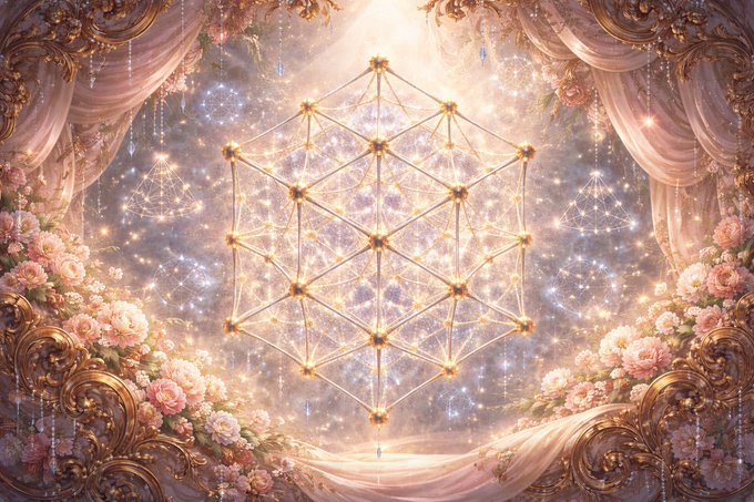 An ornate, dreamlike illustration featuring a glowing sacred geometry pattern surrounded by golden light, pink roses, and draped curtains in a baroque, ethereal style.