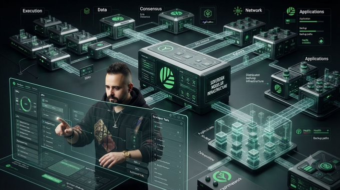A futuristic digital illustration showing a bearded man interacting with a holographic interface, surrounded by interconnected server-like modules labeled 'Execution', 'Data', 'Consensus', 'Network', and 'Applications' in a tech infrastructure network.