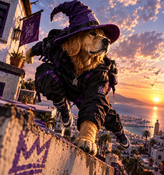 A golden retriever wearing a purple wizard hat, a black tactical outfit, and a medallion leaps across rooftops in a coastal city at sunset, with a "M" crown logo visible on nearby banners.