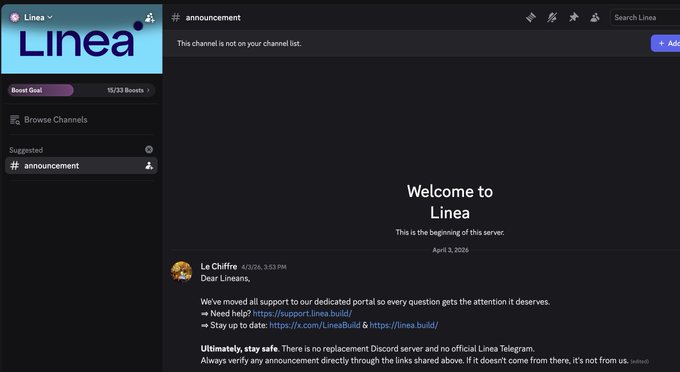 The image shows the Linea Discord server's announcement channel with a welcome message dated April 3, 2024, featuring a "Boost Goal" of 15/25 Boosts in the sidebar, while the accompanying post laments that LineaBuild has since shut down their Discord server.