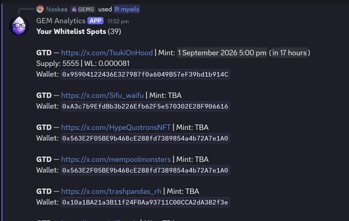 A Discord screenshot showing the GEM Analytics app displaying "Your Whitelist Spots (39)" with multiple GTD entries including links to TsukiOnHood, Sifu_waifu, HypeQuotronsNFT, mempoolmonsters, and trashpandas_rh.
