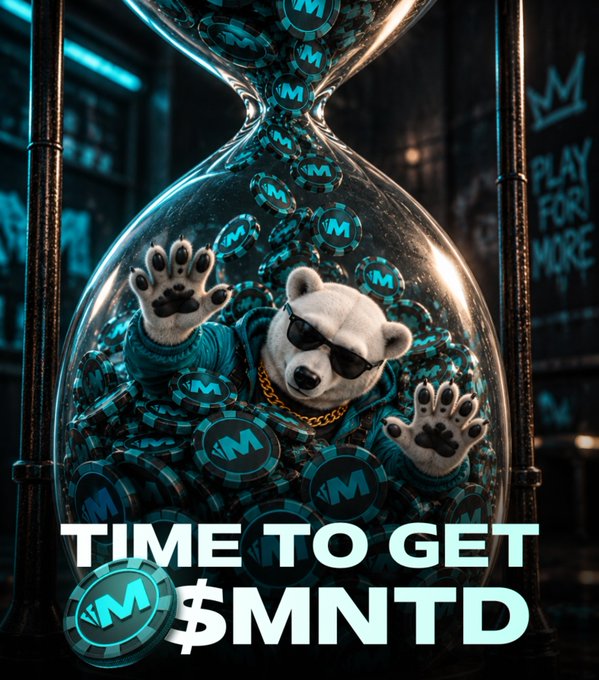 A stylized promotional image featuring a bear mascot wearing sunglasses and a gold chain, surrounded by teal coins with an 'M' logo inside an hourglass, with text 'TIME TO GET $MNTD' and 'PLAY FOR MORE' in the background.