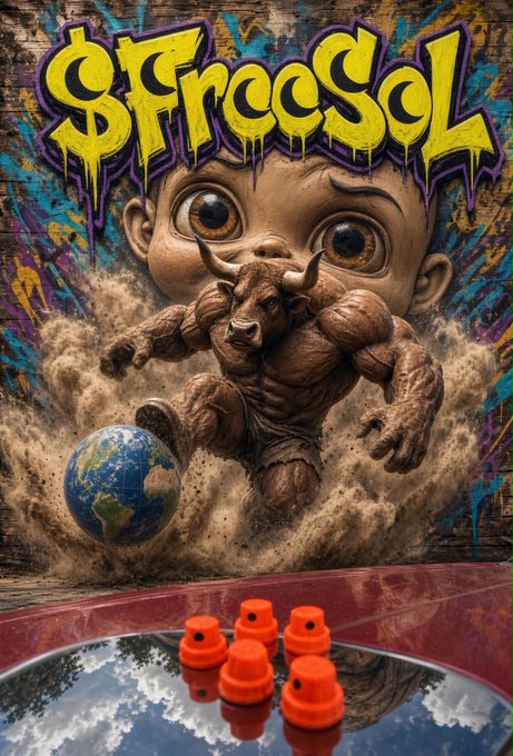 A graffiti-style mural featuring a large baby head and a bull-like figure kicking up dust near a globe, with '8FreeSol' text, above red knobs/switches.