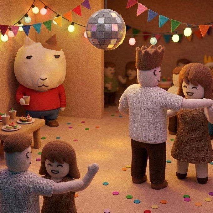 A whimsical claymation-style scene of a party featuring knitted and sculpted figures dancing under colorful bunting and string lights, with a disco ball and a cat-like character watching from the side.