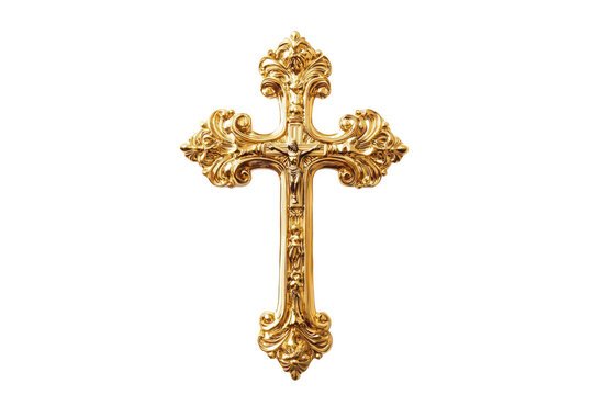 An ornate golden cross with a crucified figure in the center, featuring decorative scrollwork on a white background.