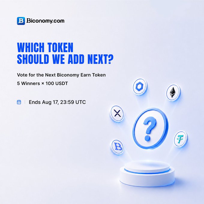 A Biconomy.com promotional graphic asking 'WHICH TOKEN SHOULD WE ADD NEXT?' inviting users to vote for the next Earn Token (5 winners × 100 USDT), ending Aug 17, 23:59 UTC, featuring a 3D podium with cryptocurrency token icons.