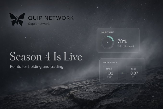 Promotional graphic for QUIP NETWORK (@quipnetwork) announcing 'Season 4 Is Live' with 'Points for holding and trading,' showing a 78% Hold Value and a Make/Take ratio of 1.32 QUIP to 0.87 ETH.