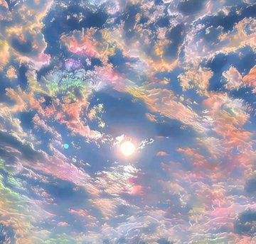 A view of the sky filled with clouds, illuminated by the sun shining through them, creating a rainbow-colored, prismatic effect.