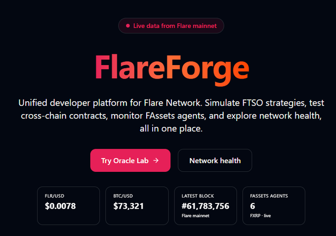 The image shows a webpage with a black background, displaying information about a project called "FlareForge". The title of the project is displayed at the top of the page, along with some details about its purpose and features. The text on the screen reads "I keep discovering new projects on Flare. Feels like we can do a better job as an ecosystem of giving builders more visibility." This message suggests that the project aims to provide more visibility for other developers by showcasing their work or highlighting specific aspects of the project, ultimately fostering collaboration and knowledge sharing within the community.