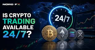 A digital graphic featuring the text "IS CRYPTO TRADING AVAILABLE 24/7?" alongside a glowing clock showing "24/7" and icons of Bitcoin, Ethereum, Solana, and XRP, illustrating the post's point that cryptocurrency markets operate around the clock unlike traditional stock exchanges such as the NYSE or NASDAQ.
