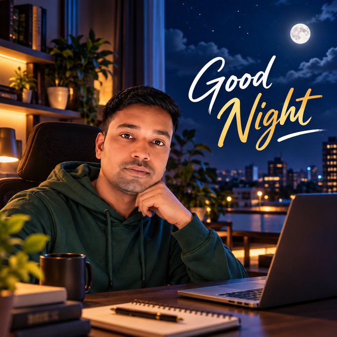 A man in a green hoodie sits at a desk with a laptop and mug at night, looking at the camera, with stylized text reading 'Good Night' displayed against a night sky with a full moon and city skyline.