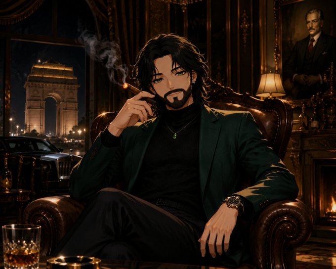An anime-style illustration depicts a bearded man with long dark hair in a green suit smoking a cigar, seated in a leather armchair with a city view including an arch monument and a luxury car in the background.