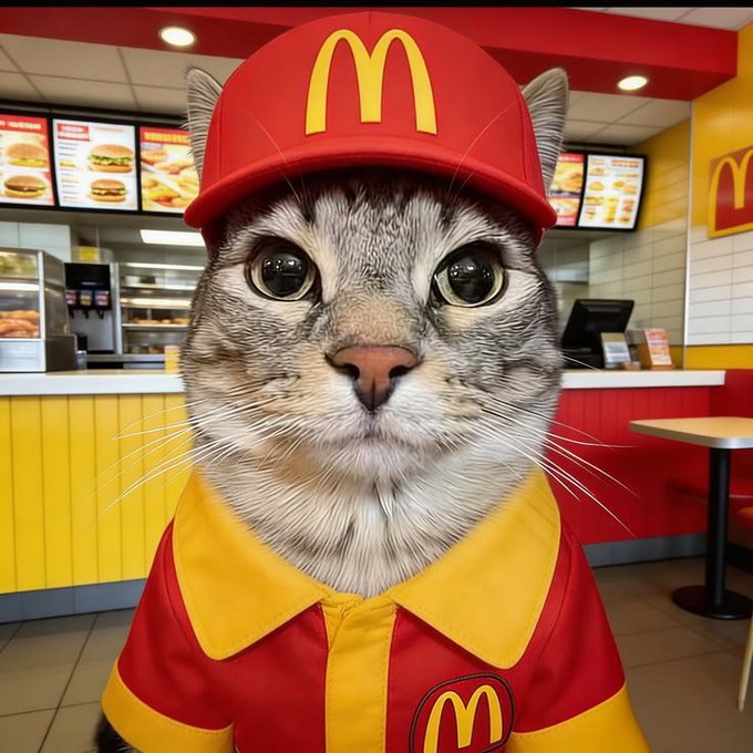 A digital illustration of a tabby cat wearing a red McDonald's uniform and cap with the golden arches logo, set inside a McDonald's restaurant.