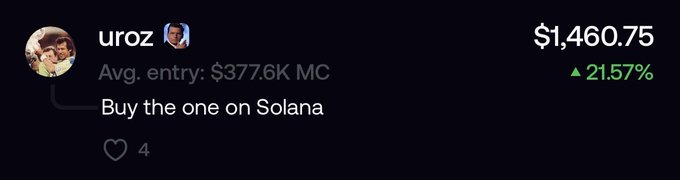 A user named "uroz" with a $1,460.75 position is shown alongside a message reading "Buy the one on Solana," seemingly advising viewers to invest in a Solana-based alternative to an Ethereum token amid concerns about the ETH version's dev dumping and bot activity.