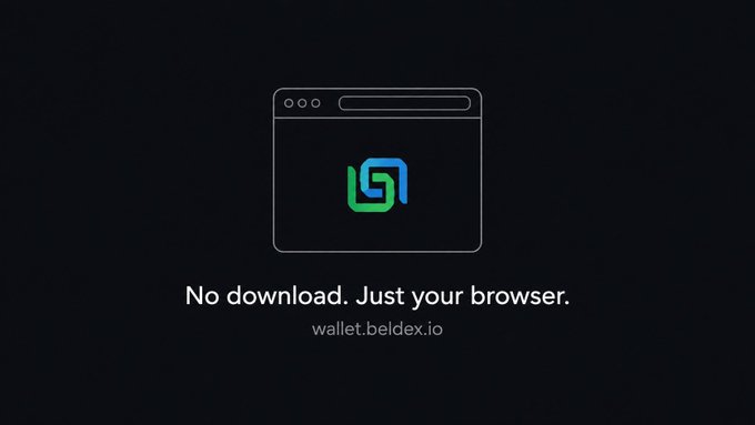 A dark-themed advertisement displays a browser window icon with a green and blue logo, accompanied by the text 'No download. Just your browser.' and the URL 'wallet.beldex.io'.