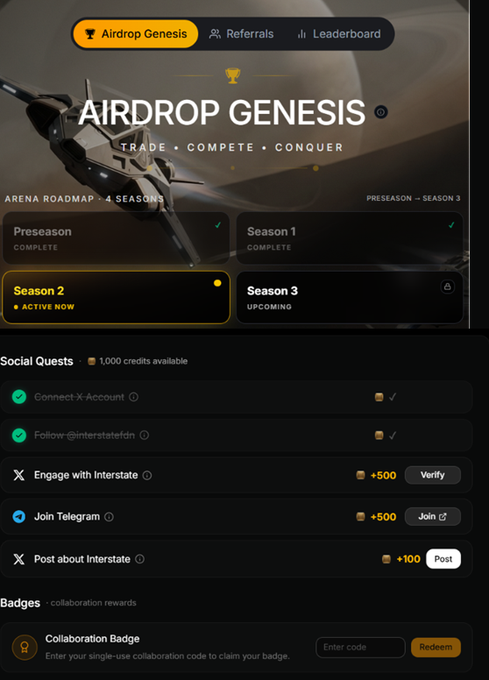 The image displays the "Airdrop Genesis" dashboard for Interstate, showing Season 2 as "Active Now" with social quests offering up to +500 credits for engaging with @interstatefdn on X and joining Telegram. The ticker confirms the airdrop ($4.5M raised) highlighted in the accompanying post, showcasing the platform users need to access to claim Genesis rewards.