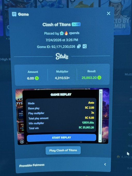 A screenshot of a Stake "Clash of Titans" game result showing a 4,310.53x multiplier on a 6.00 SC bet, resulting in a 25,863.20 SC win, posted to celebrate a big gambling payout and encourage followers to tip with Ethereum.