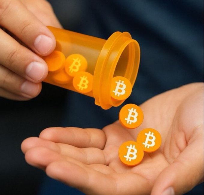 A hand pours orange Bitcoin tokens from a prescription pill bottle into another hand, symbolizing digital currency distribution.