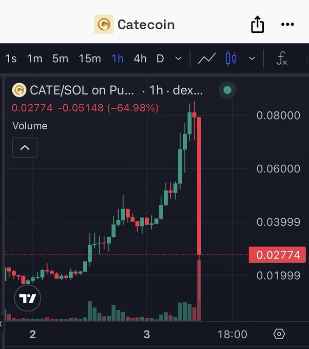 A TradingView chart for CATE/SOL on a DEX shows a dramatic -64.98% collapse, with the price plummeting from ~0.08 to 0.02774 within the same candle, illustrating the steep rug-pull-style crash that befell the Catecoin token.