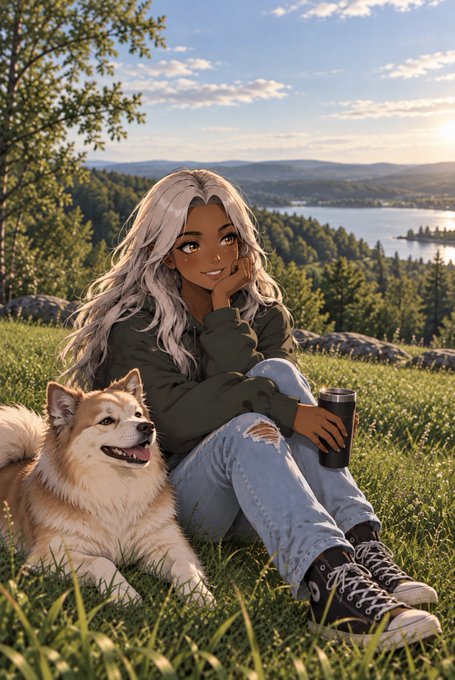 An anime-style illustration depicts a young woman with long silver hair sitting in a grassy field next to a fluffy dog, with a scenic lake and forest landscape in the background.