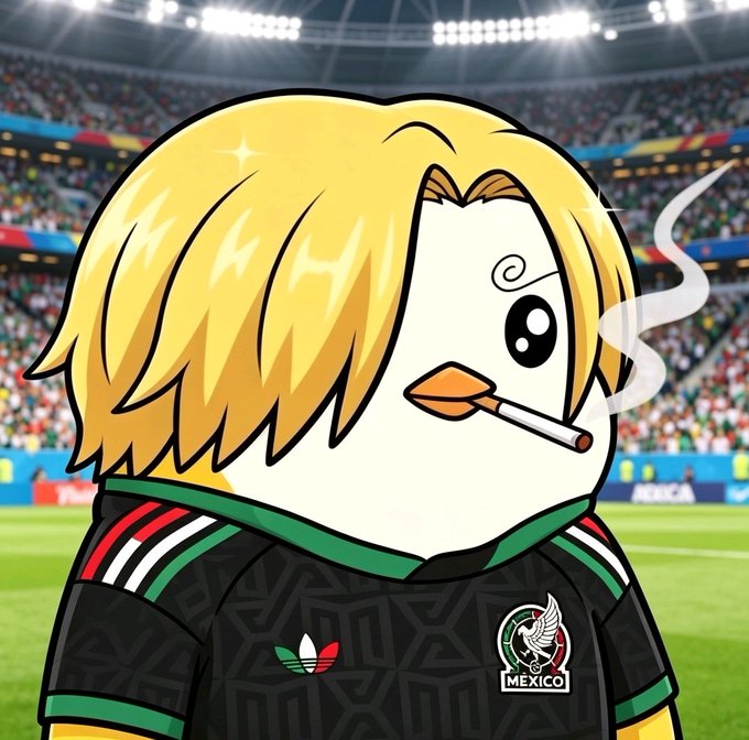 The image features a cartoon character wearing a black shirt, smoking a cigarette while standing on a soccer field. The character's face has been altered to resemble a bird, adding a unique touch to their appearance. The background of the image shows a crowd watching a soccer game, indicating that this scene takes place at a sports event or stadium.