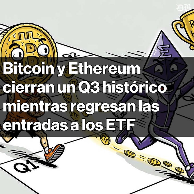 A cartoon illustration featuring a sweating Bitcoin character and a smiling Ethereum character running along a timeline, with overlaid text in Spanish: 'Bitcoin y Ethereum cierran un Q3 histórico mientras regresan las entradas a los ETF'.