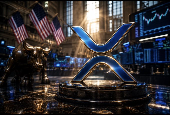 A 3D rendering of the XRP (Ripple) cryptocurrency logo in glowing blue and gold on a pedestal, set in a stock exchange-like environment with American flags and a bull statue.