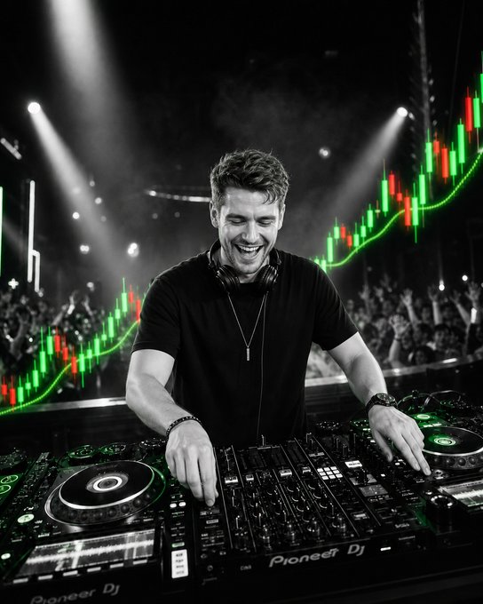 A DJ performs at a crowded, high-energy concert with Pioneer DJ equipment, overlaid with a glowing green and red stock chart showing a strong upward trend. The image visually links the DJ's electrifying performance to the concept of skyrocketing financial growth.