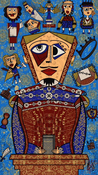 A vibrant folk-art style painting featuring a large central face surrounded by smaller figures, angels, and symbolic objects on a blue patterned background.